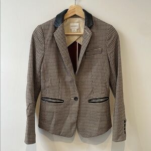 Club Monaco Plaid Check Tailored Blazer Suit Jacket Leather Button Brown 00